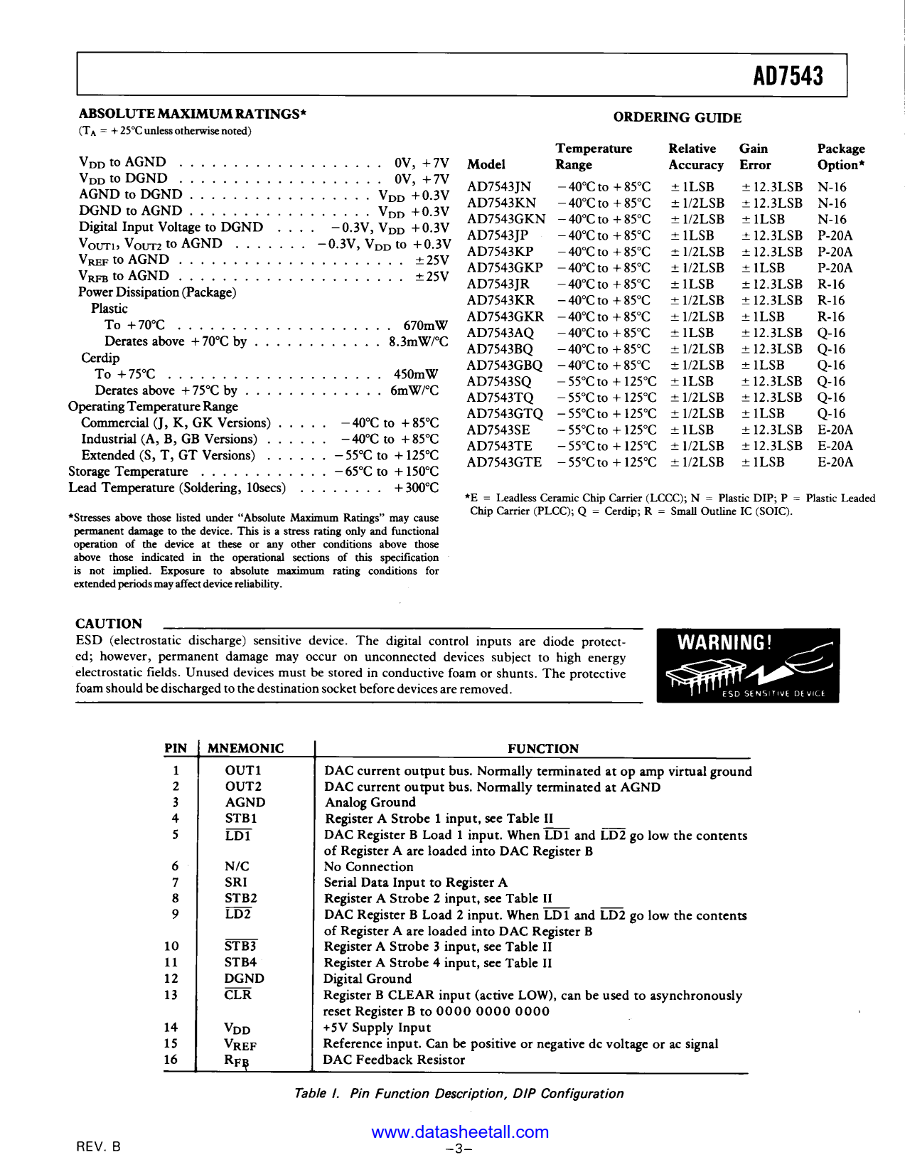 AD7543 Datasheet Page 3