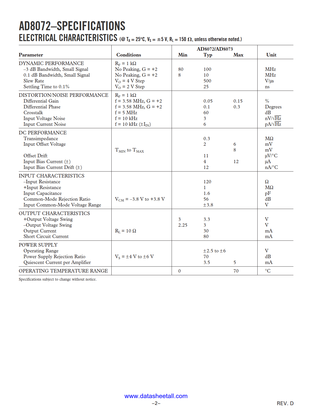 AD8072 Datasheet Page 2