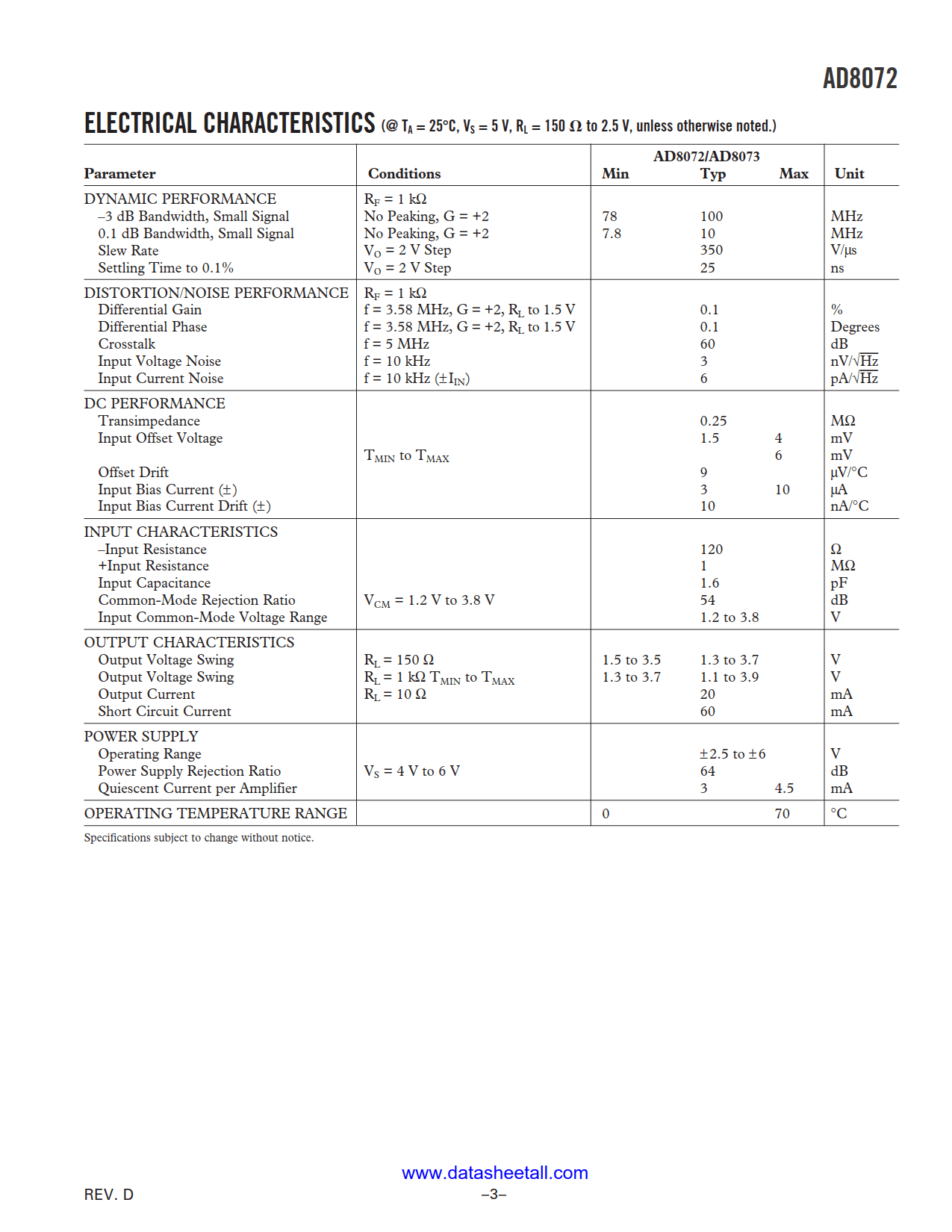 AD8072 Datasheet Page 3