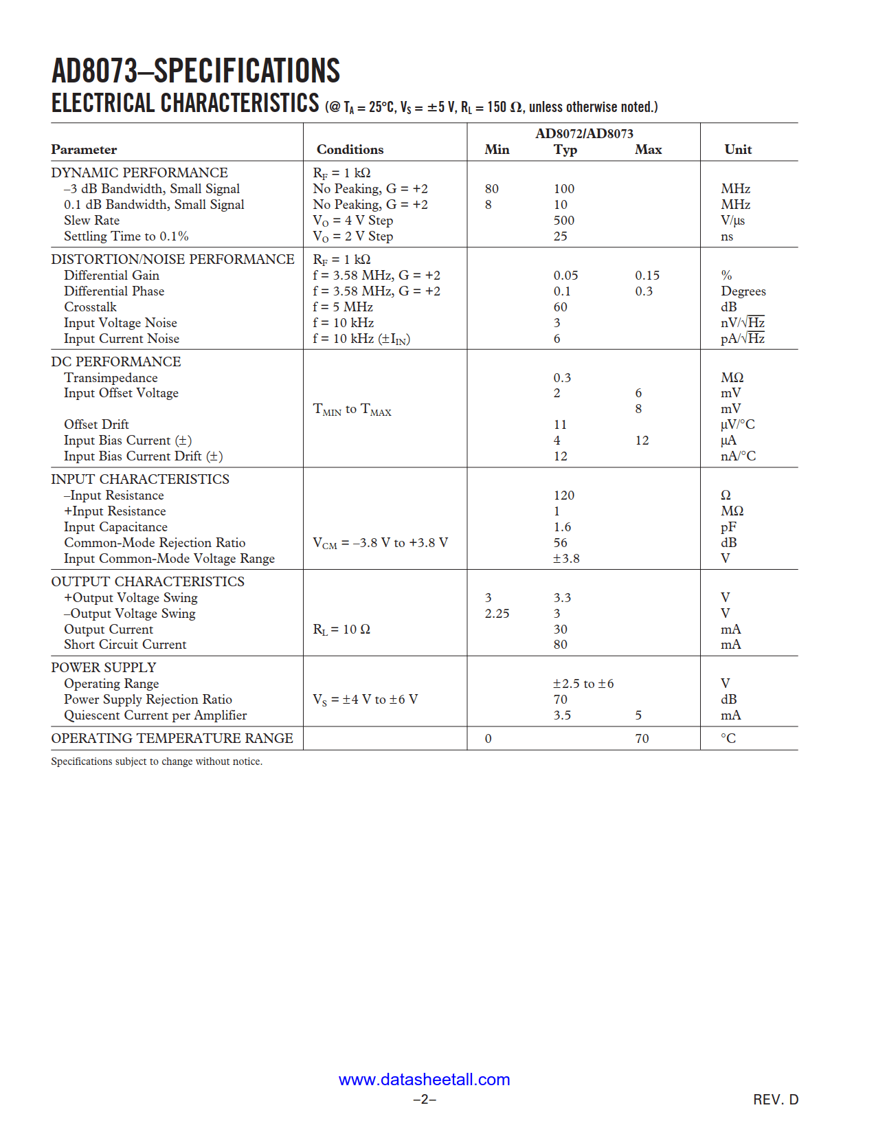 AD8073 Datasheet Page 2