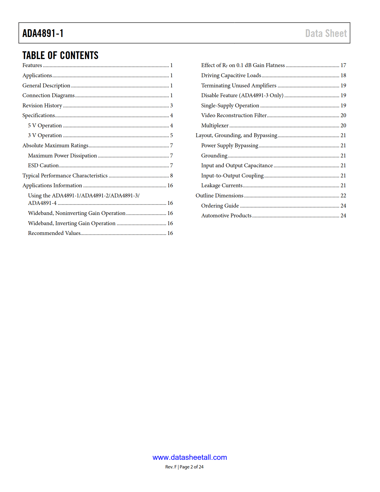 ADA4891-1 Datasheet Page 2