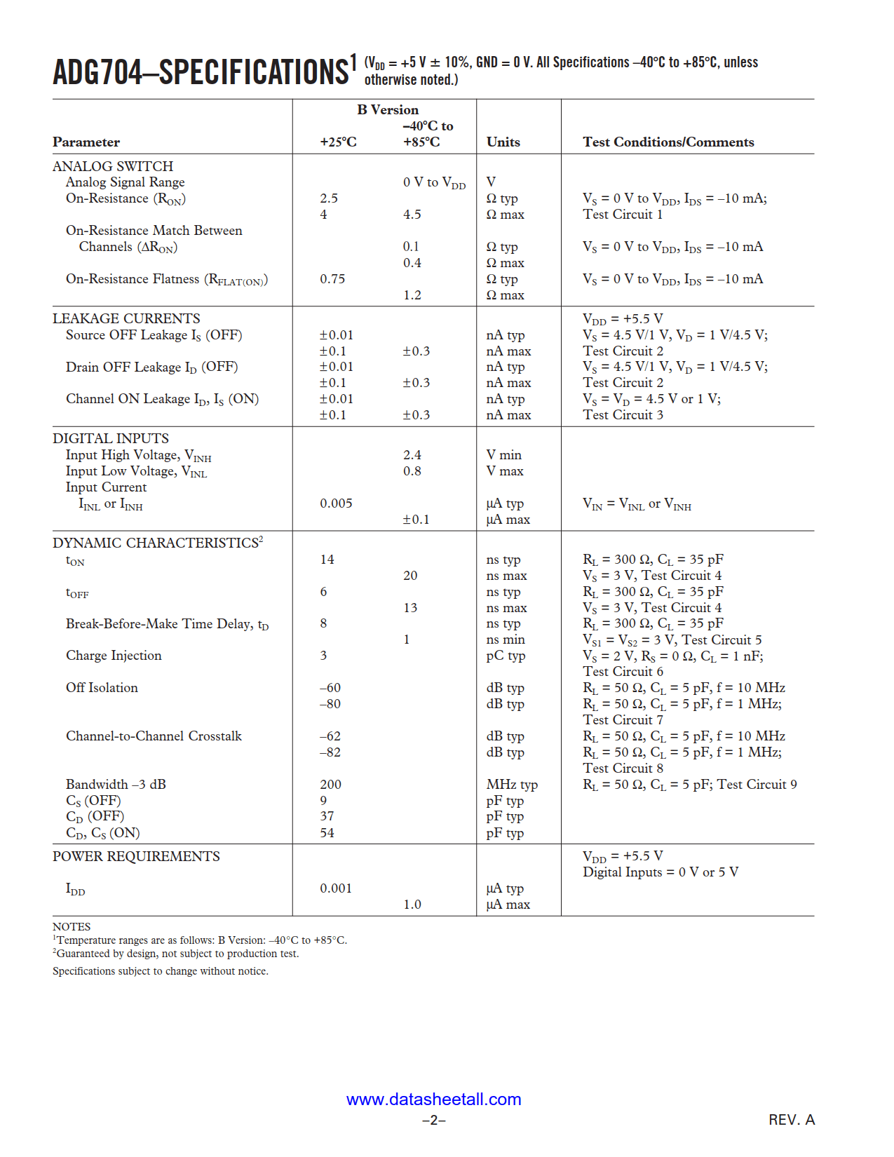 ADG704 Datasheet Page 2