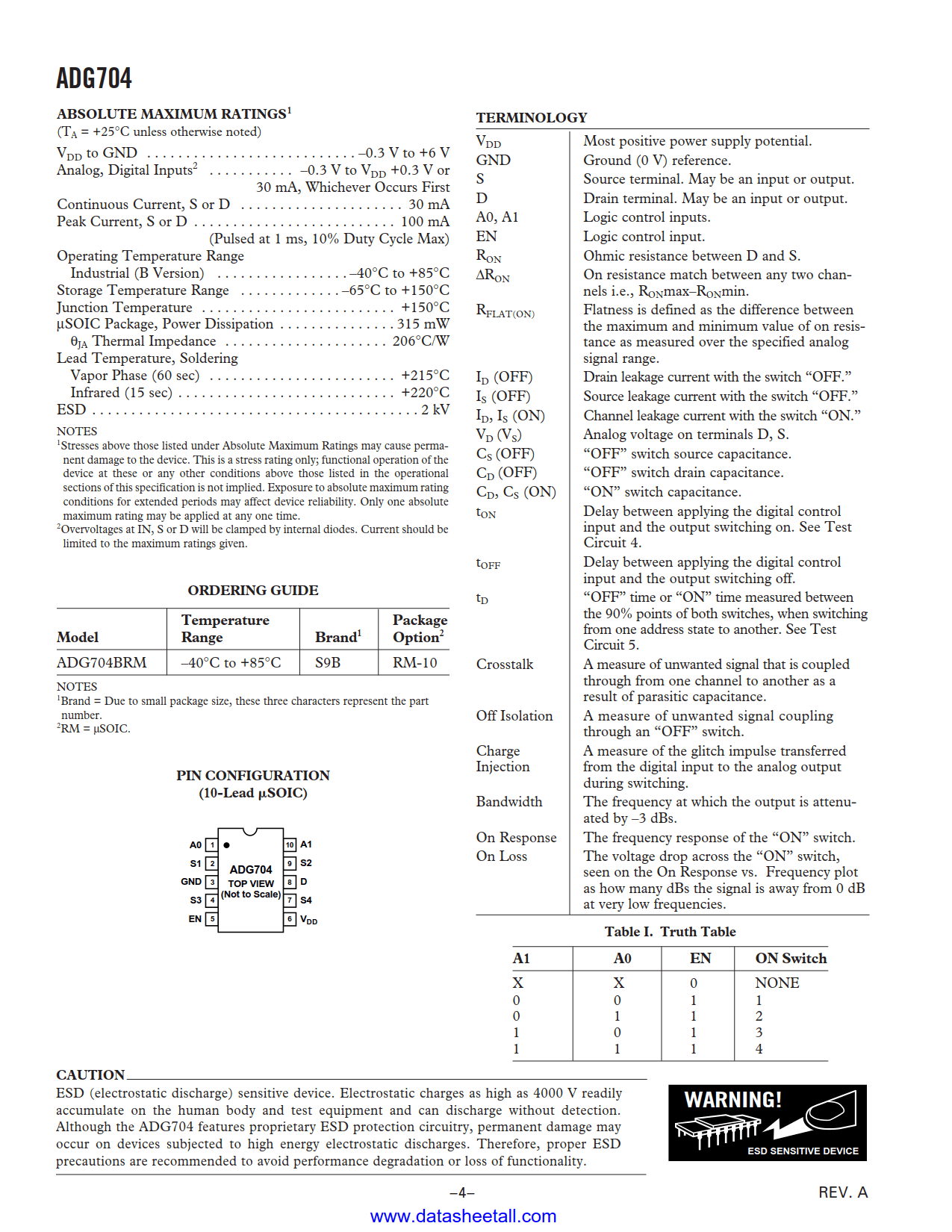 ADG704 Datasheet Page 4