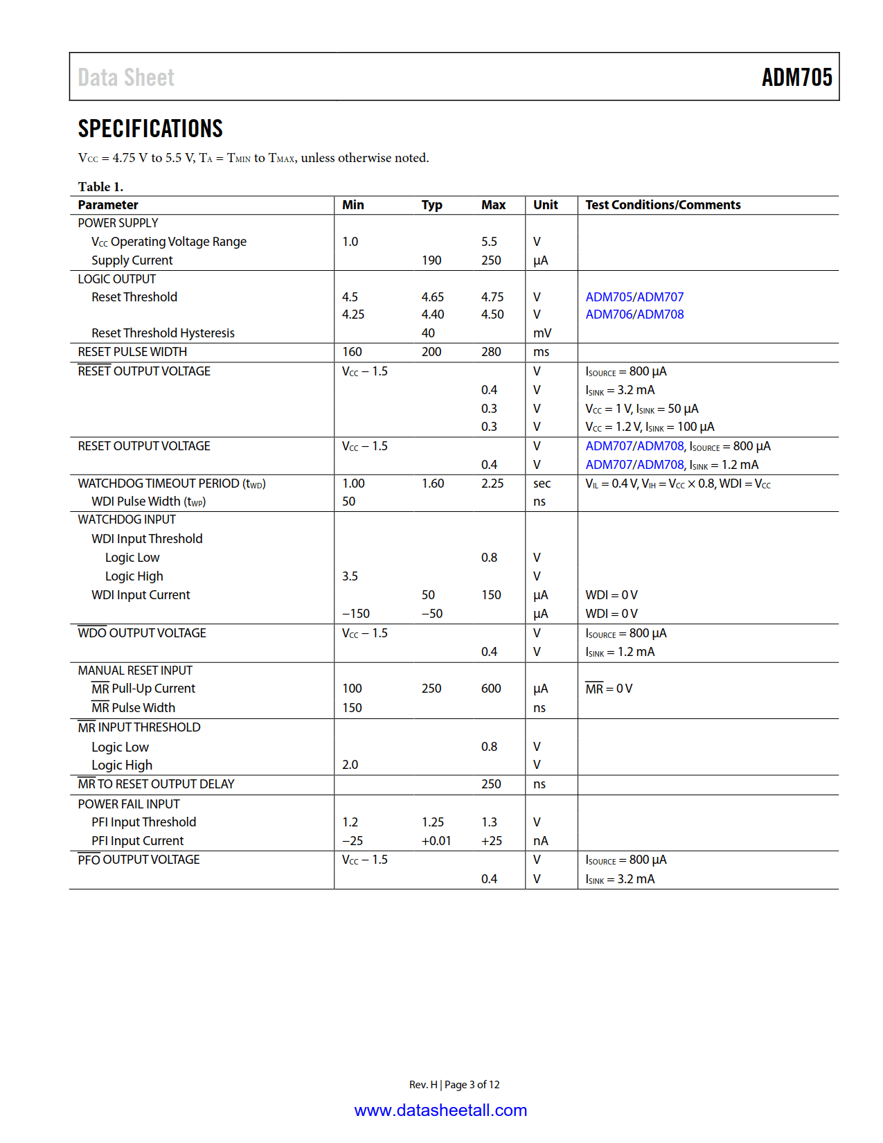 ADM705 Datasheet Page 3