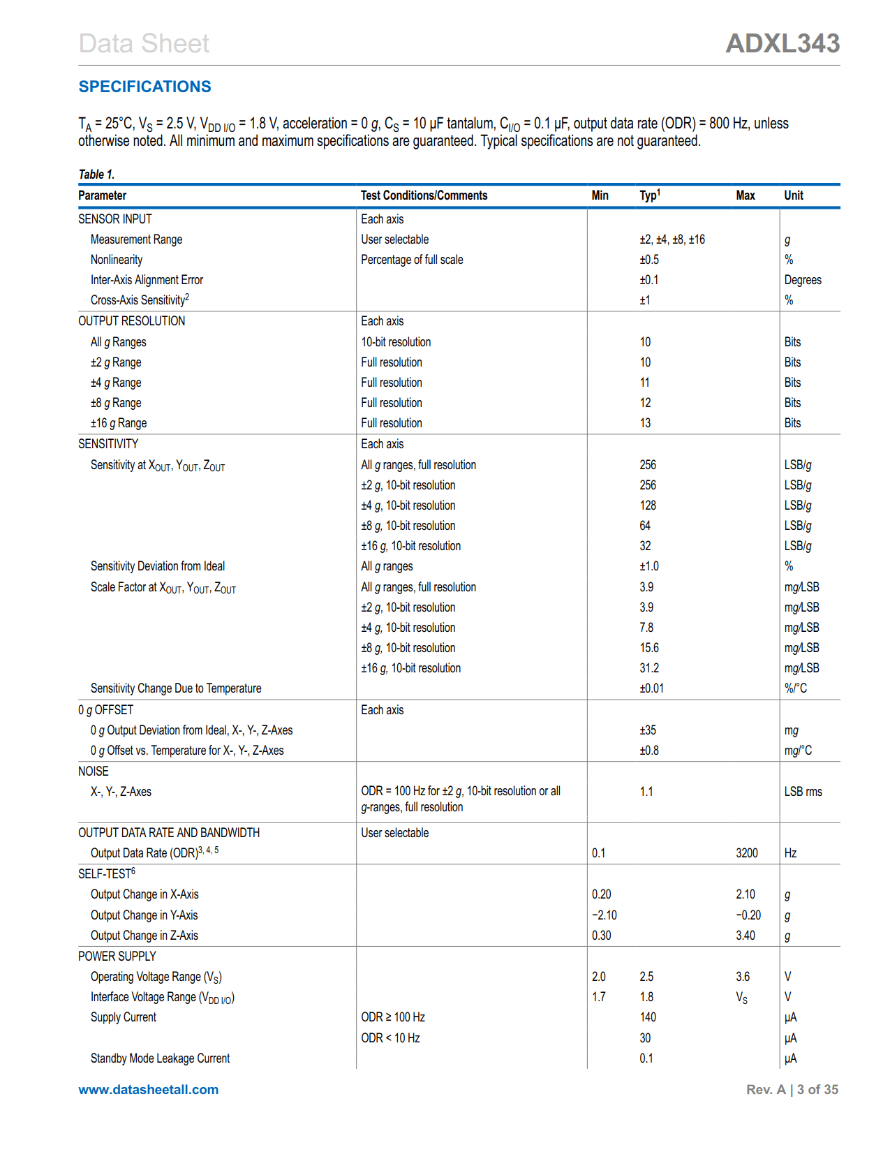 ADXL343 Datasheet Page 3