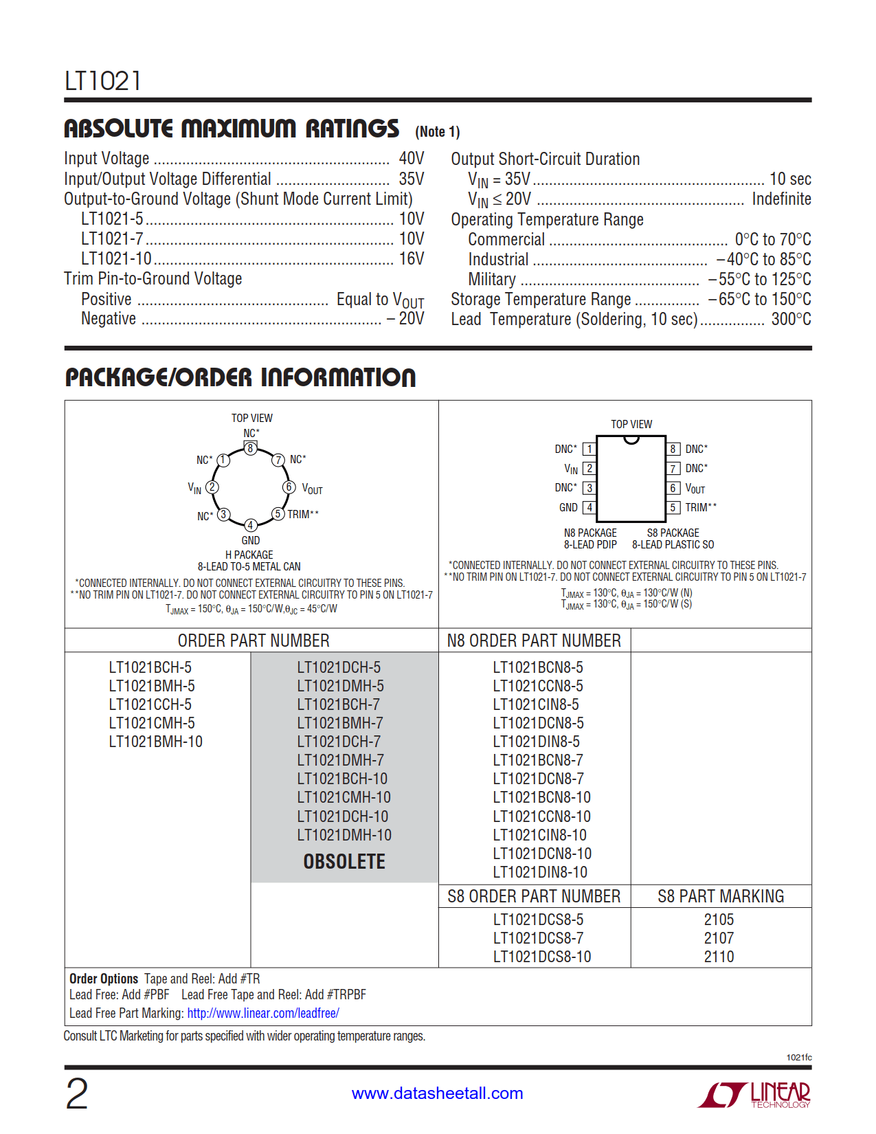 LT1021 Datasheet Page 2