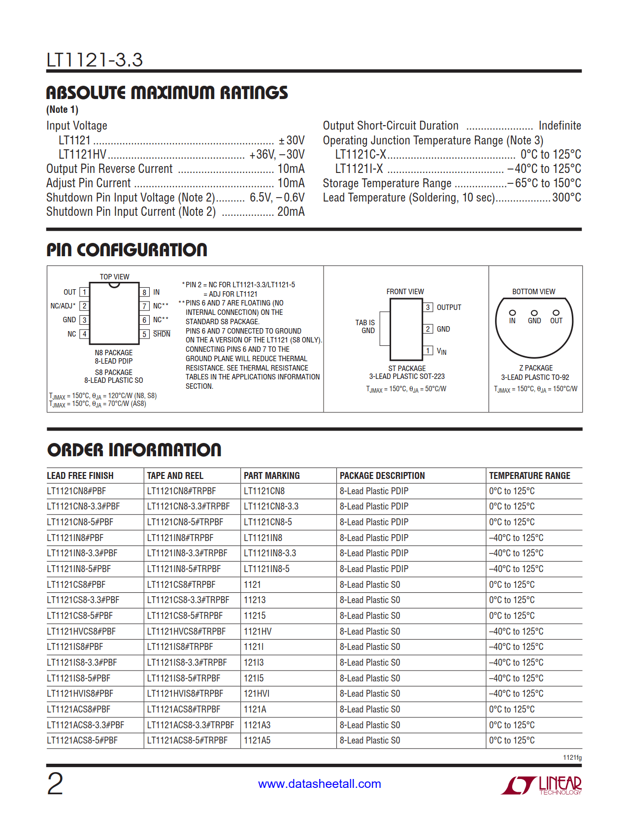 LT1121-3.3 Datasheet Page 2