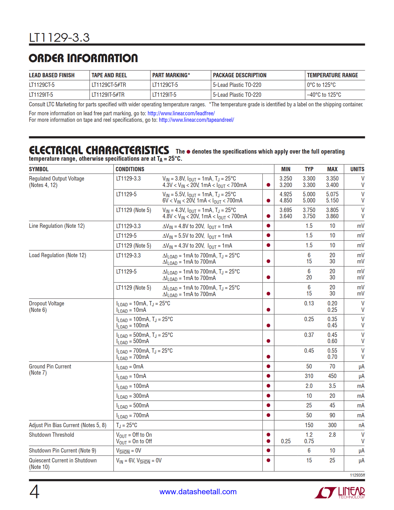 LT1129-3.3 Datasheet Page 4