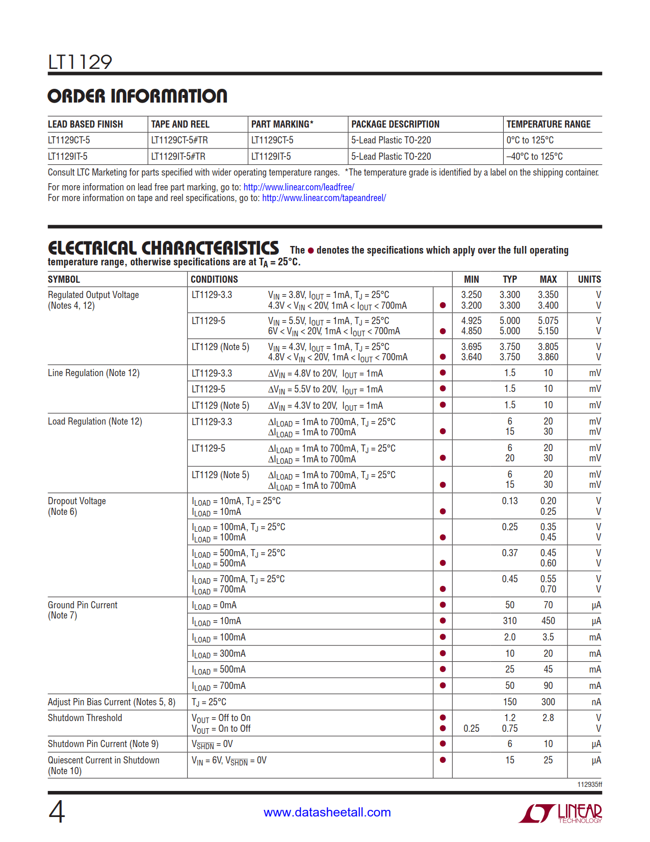 LT1129 Datasheet Page 4