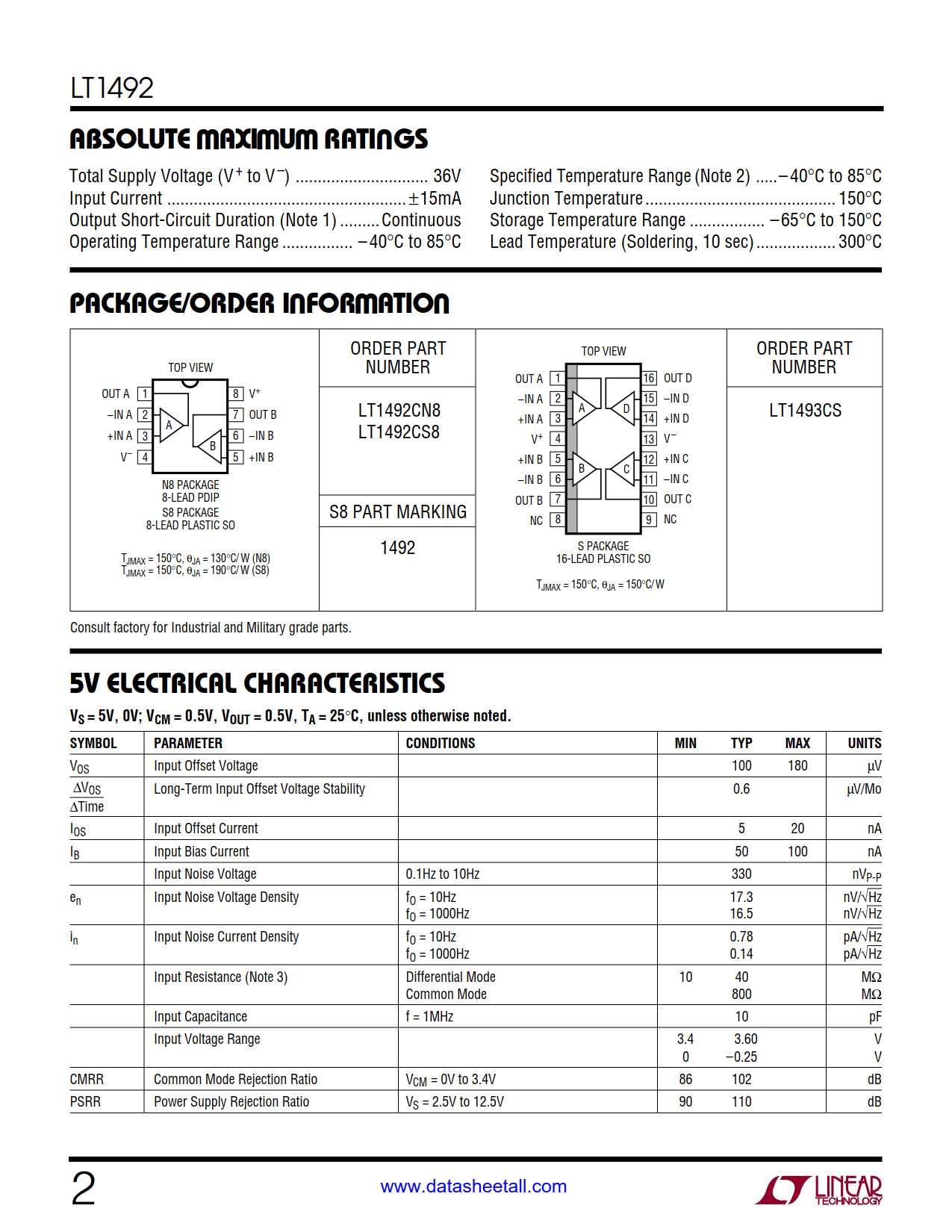 LT1492 Datasheet Page 2