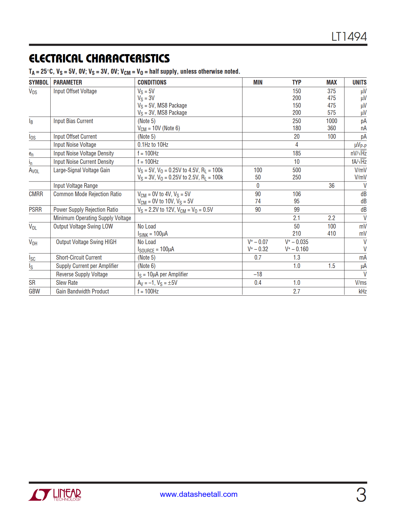 LT1494 Datasheet Page 3