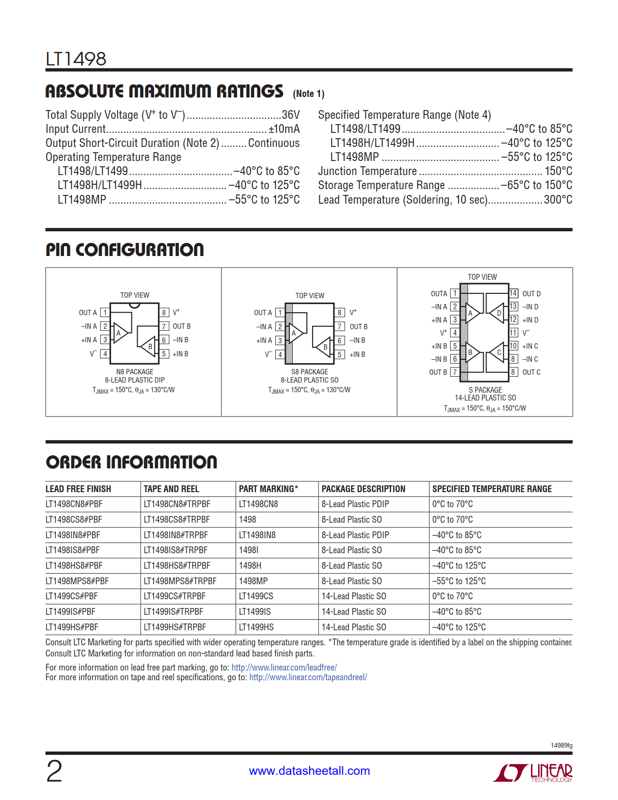 LT1498 Datasheet Page 2