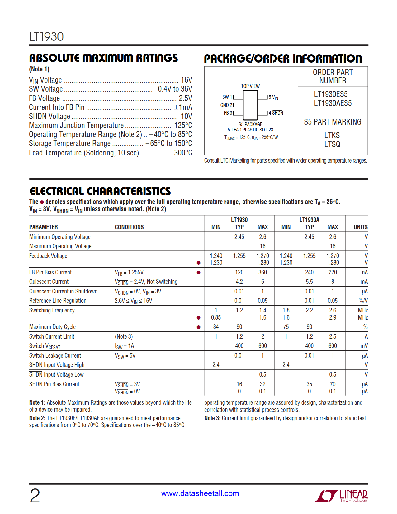 LT1930 Datasheet Page 2