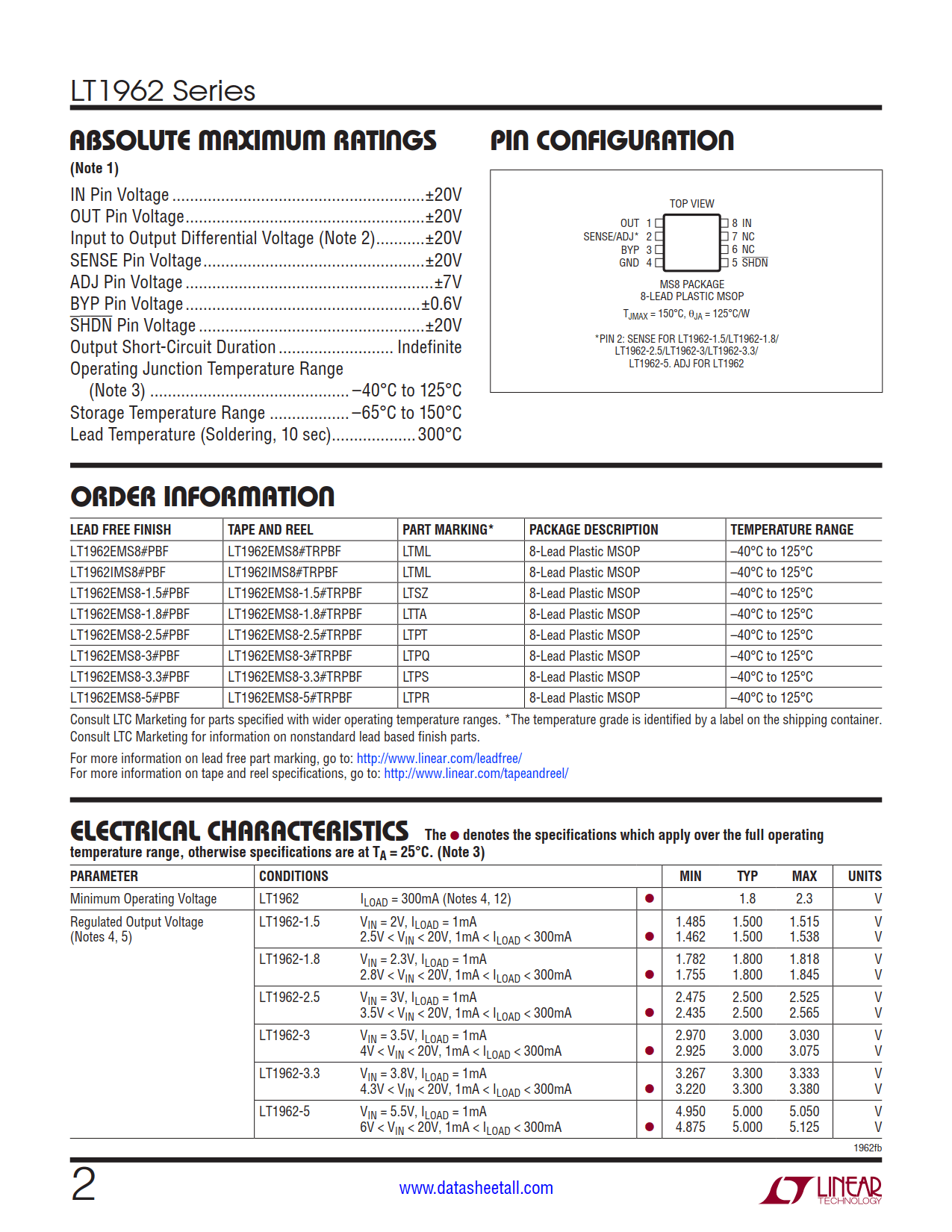 LT1962 Datasheet Page 2