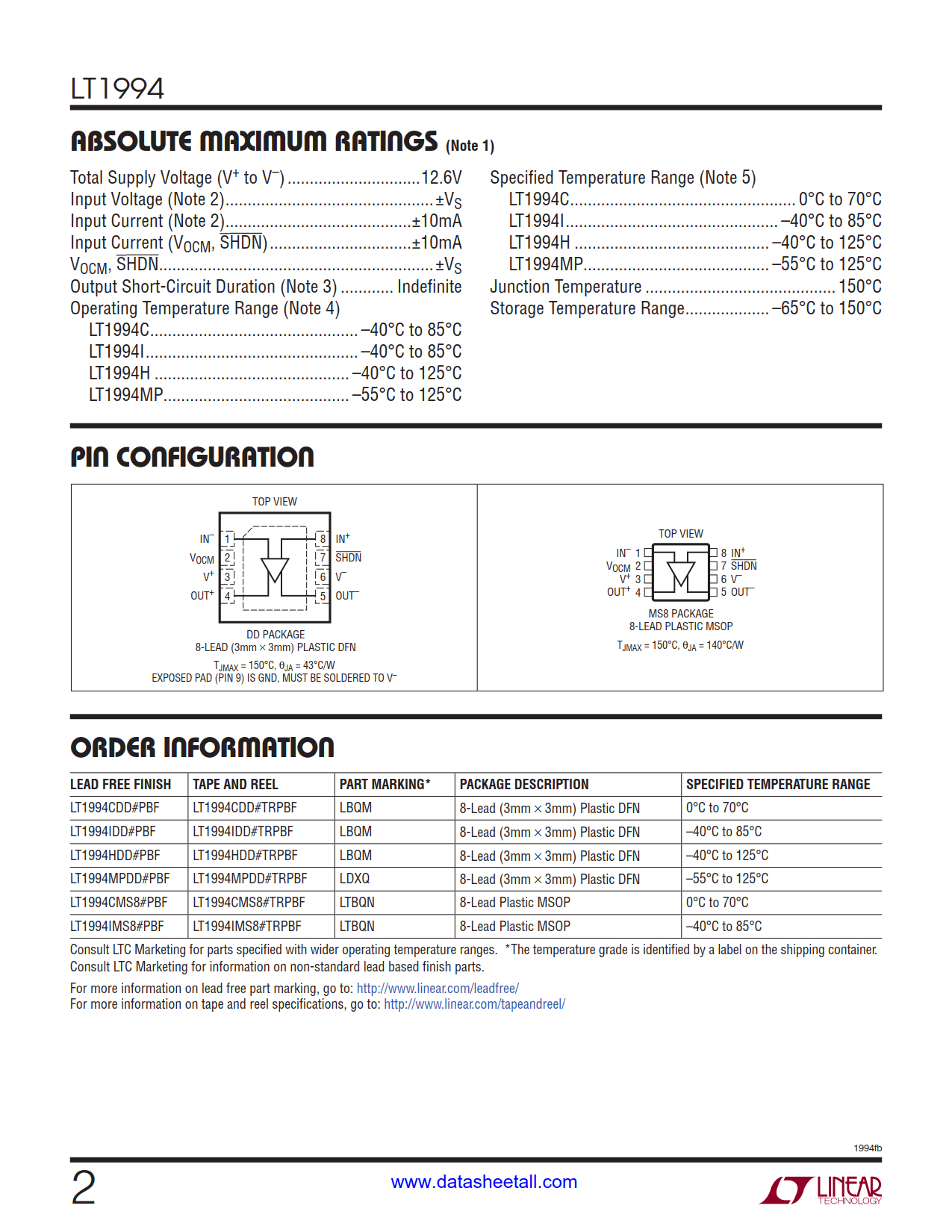 LT1994 Datasheet Page 2