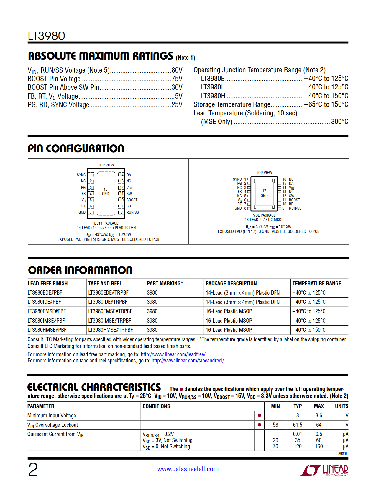 LT3980 Datasheet Page 2