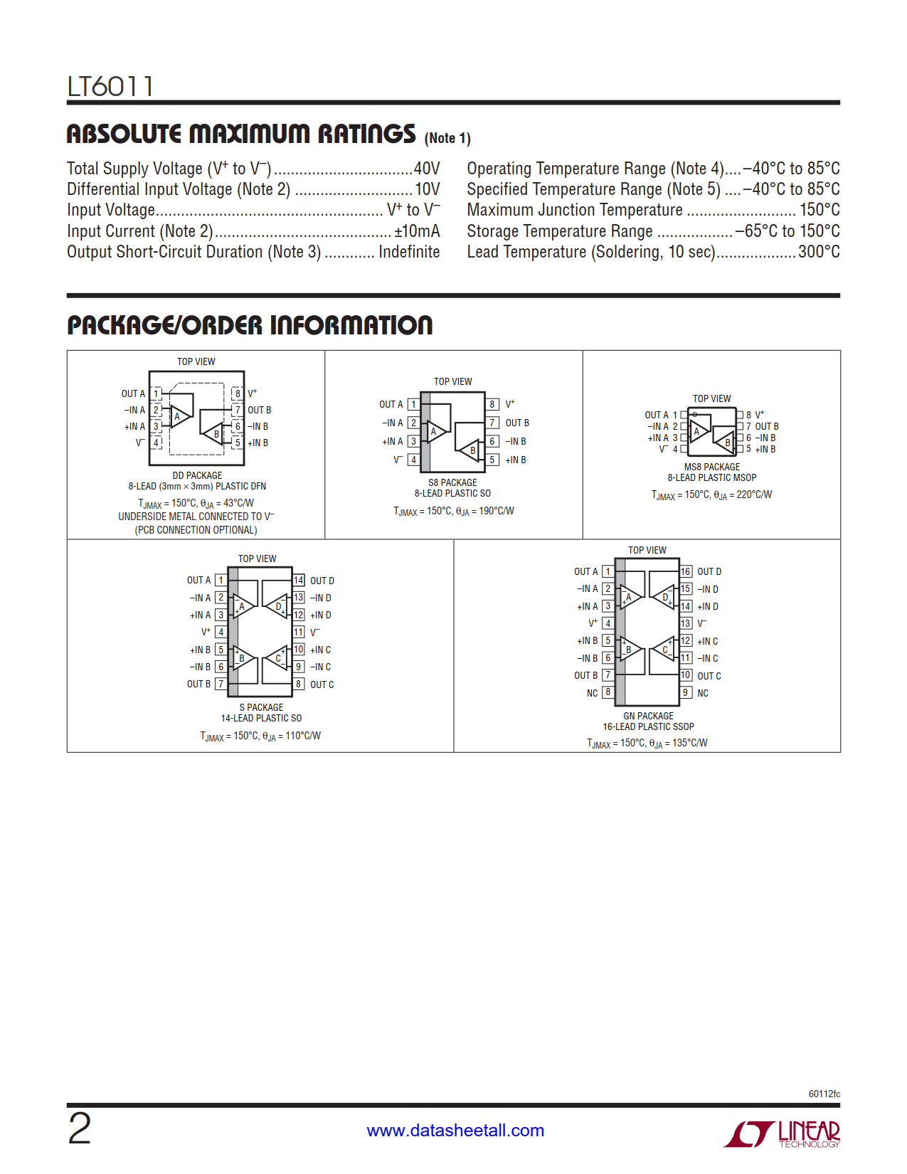 LT6011 Datasheet Page 2