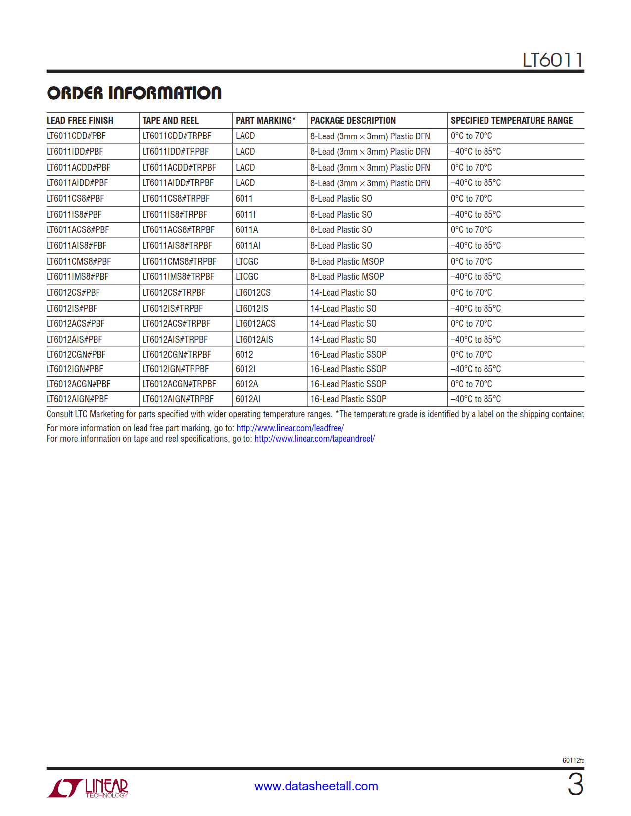 LT6011 Datasheet Page 3