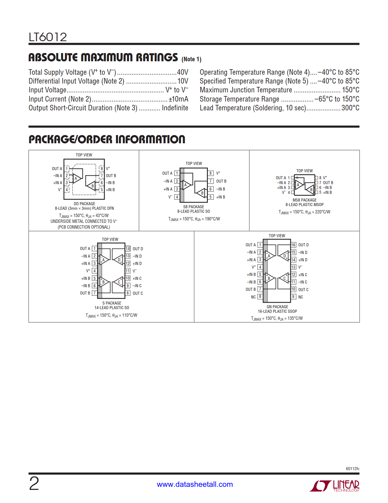 LT6012 Datasheet Page 2