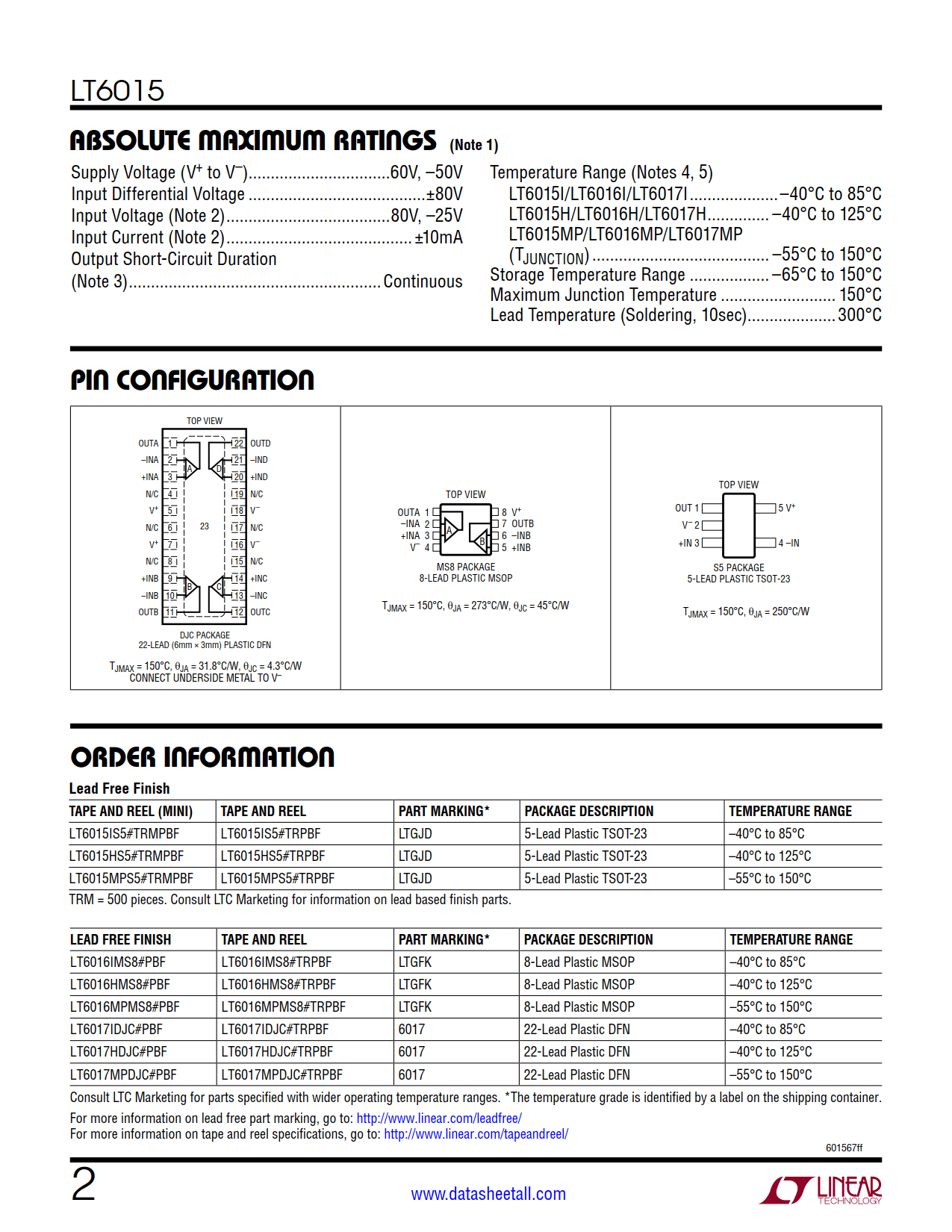 LT6015 Datasheet Page 2