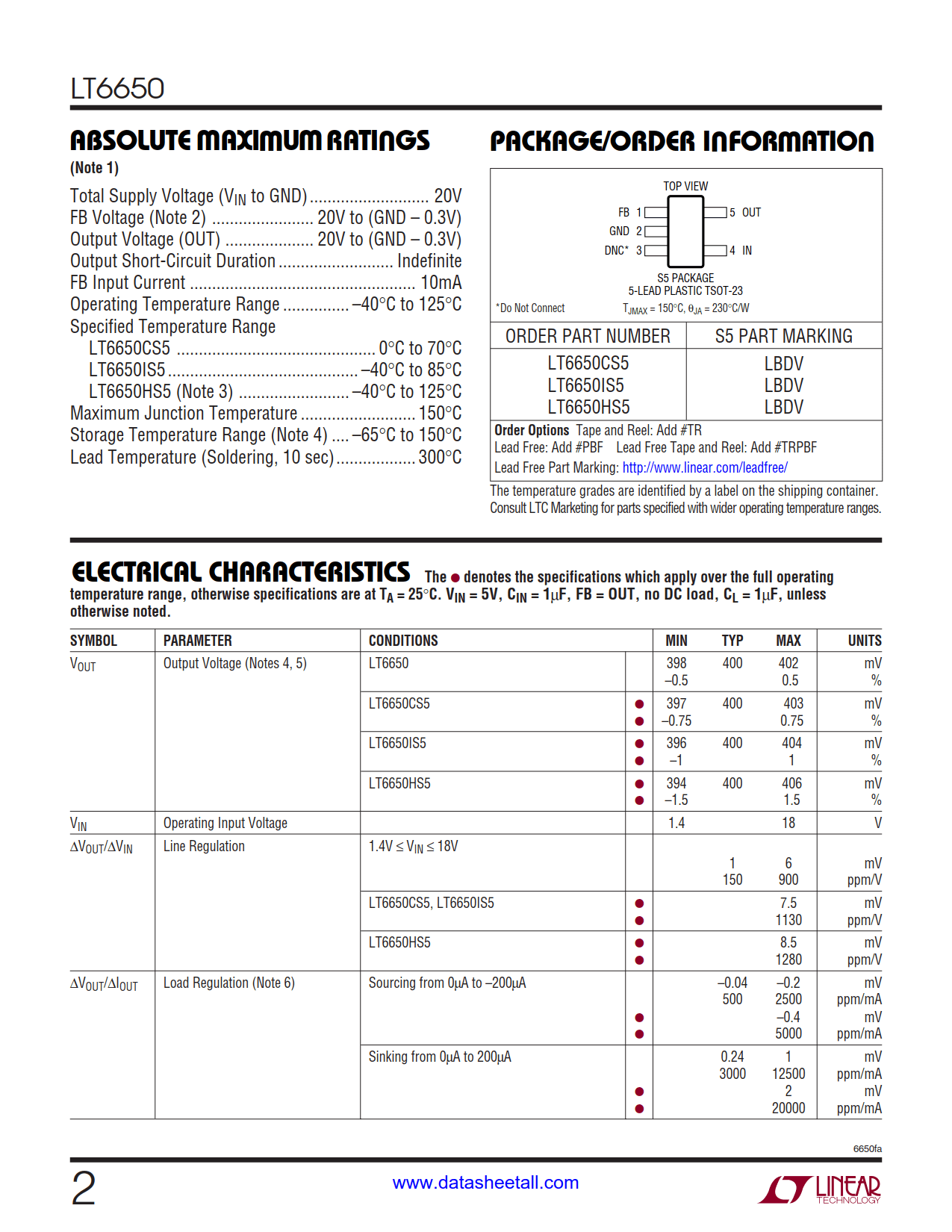 LT6650 Datasheet Page 2