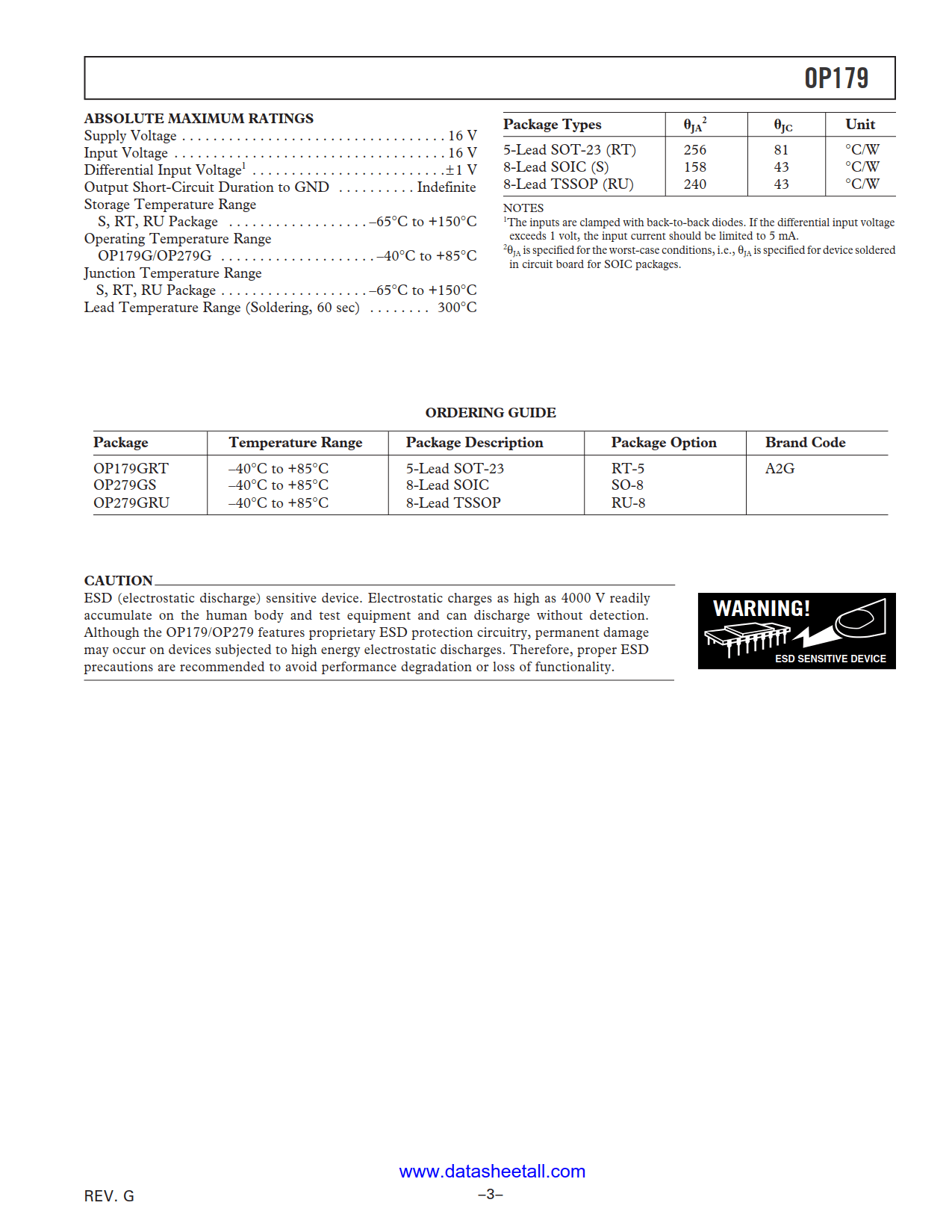 OP179 Datasheet Page 3