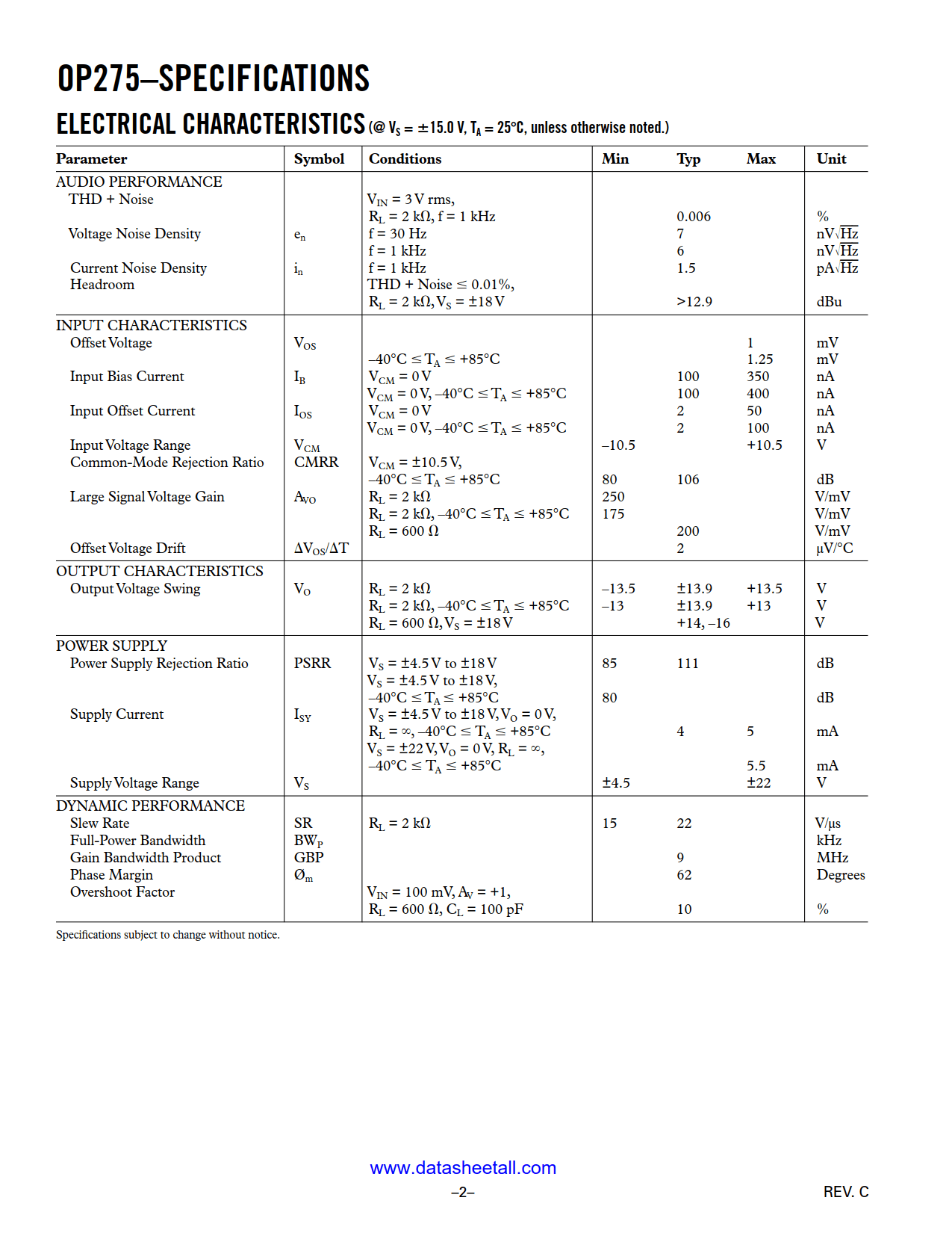 OP275 Datasheet Page 2