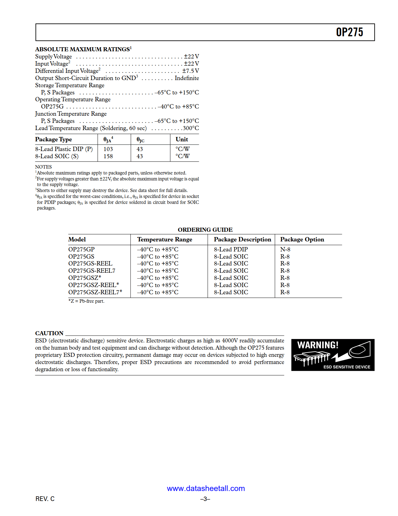 OP275 Datasheet Page 3