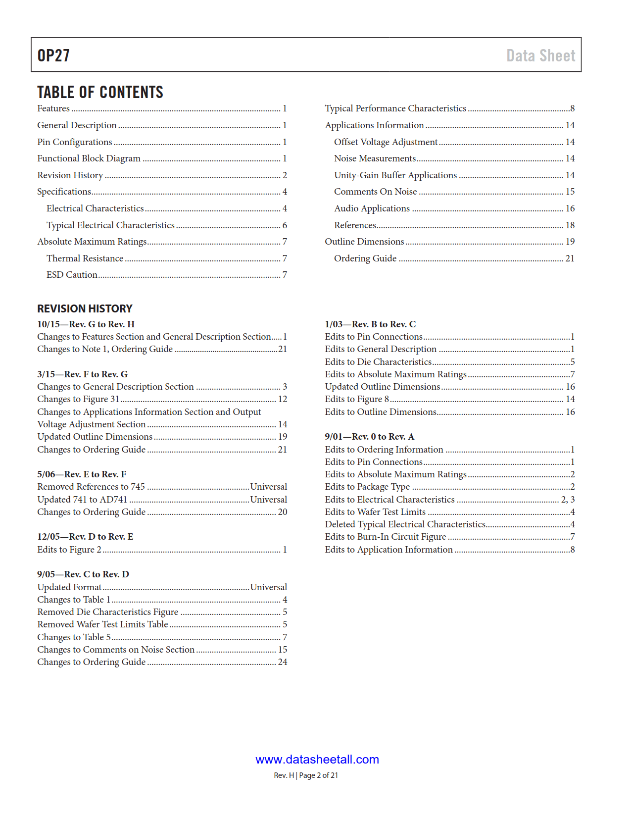 OP27 Datasheet Page 2